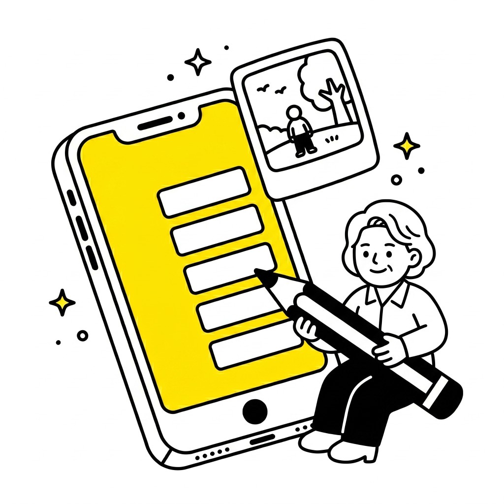 스마트폰과 글쓰기를 하는 일러스트